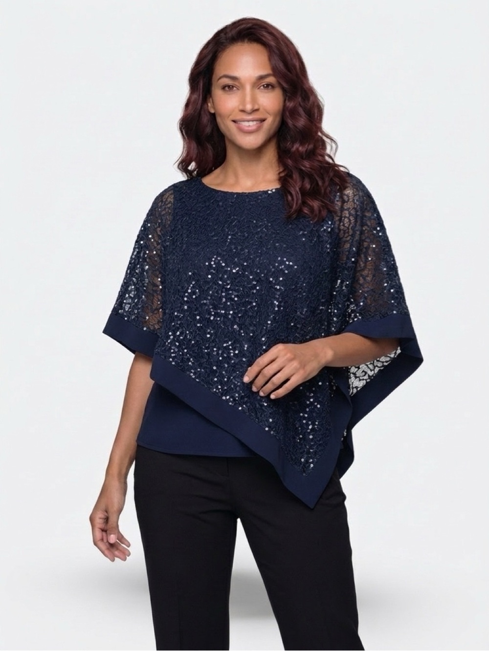 R&M Richards Navy Sequin Lace Asymmetrical Poncho
Top Size M
